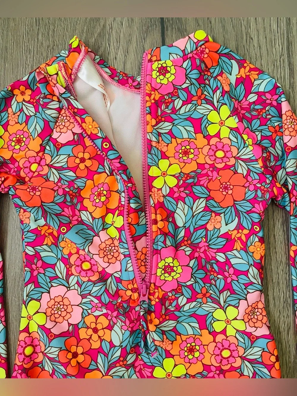 Cat & Jack Toddler Girl One Piece Swimsuit 4/5 Colorful Floral Long Sleeves Pool